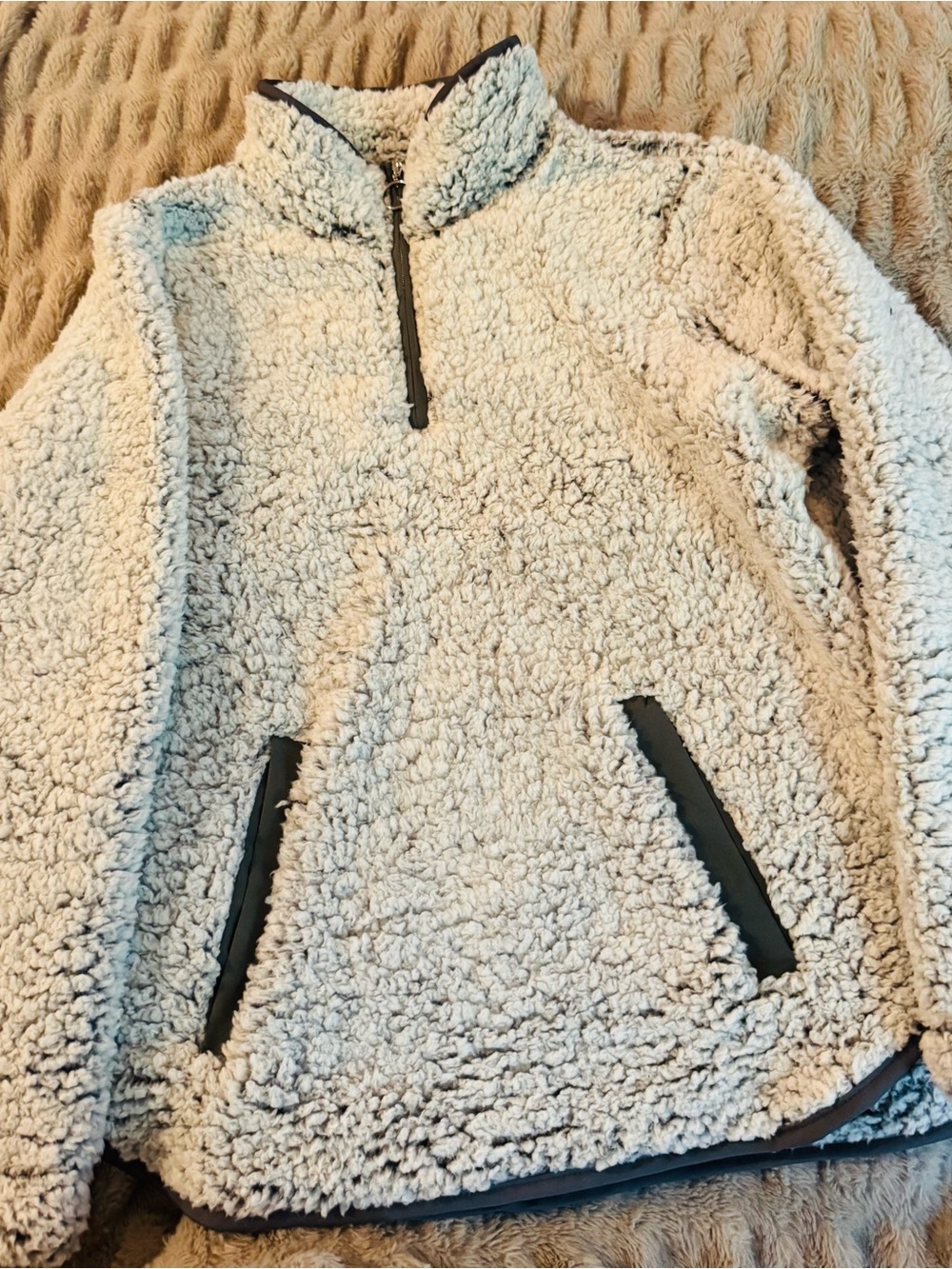 Light Gray Sherpa Jacket with Dark Trim